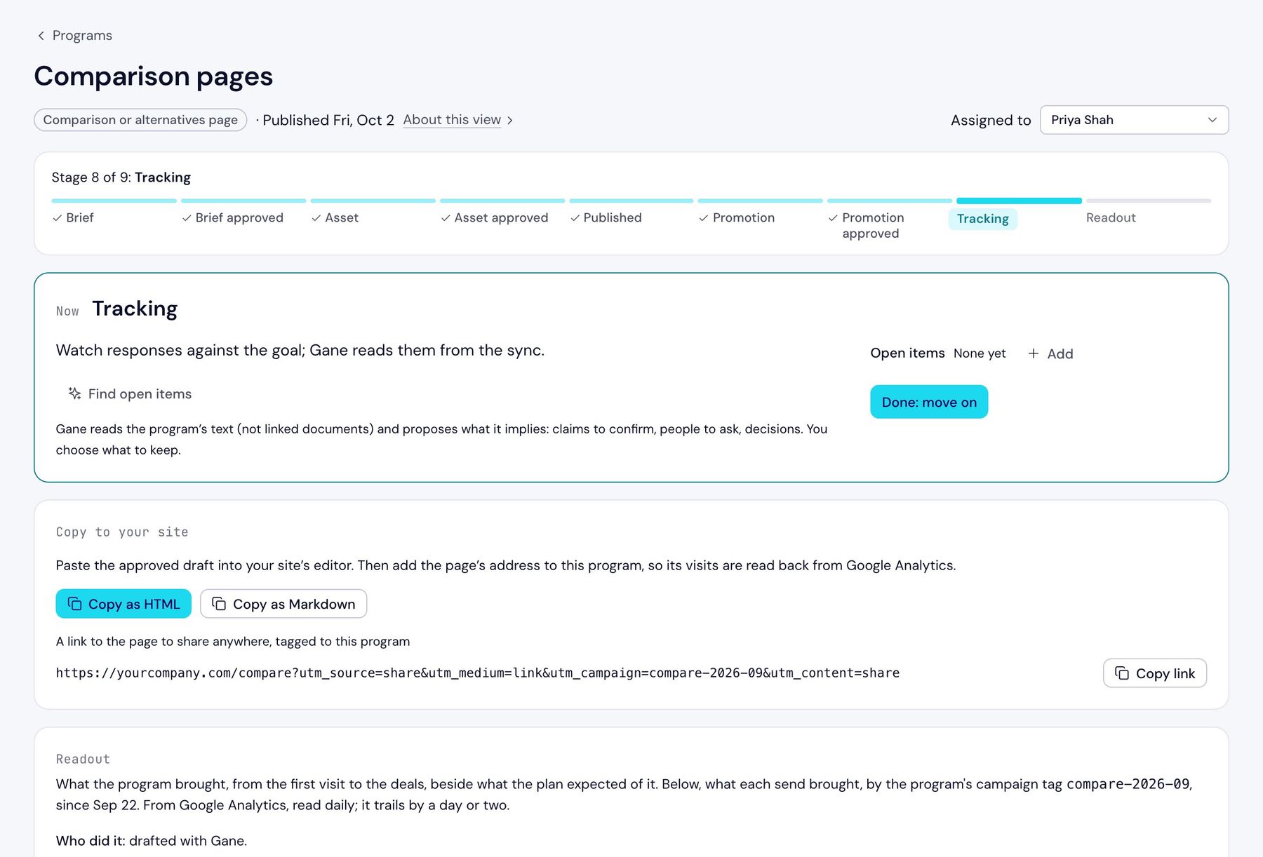 The Comparison pages program: assigned to Priya Shah, its stages from brief through approval, publishing and promotion checked off, now tracking, drafted with Gane